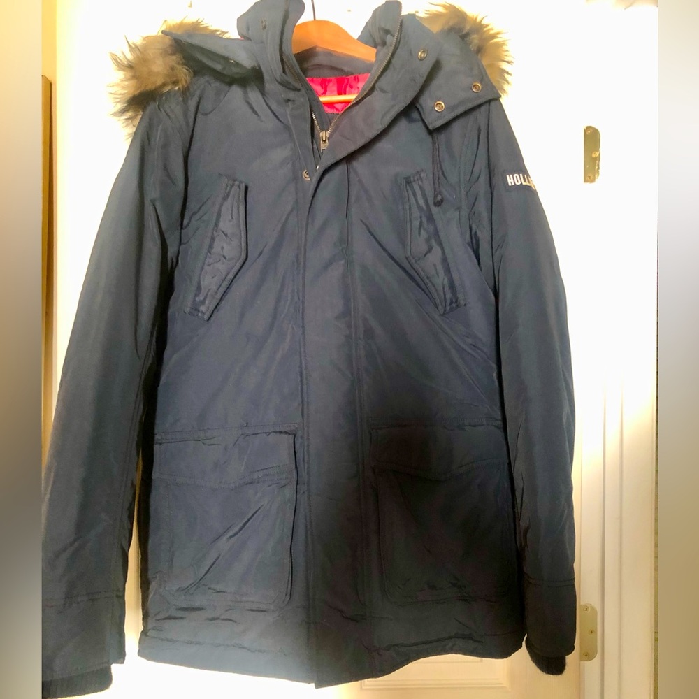 HOLLISTER Men's Dark Navy Parka with Faux Fur Hood | BRAND NEW - Size M
